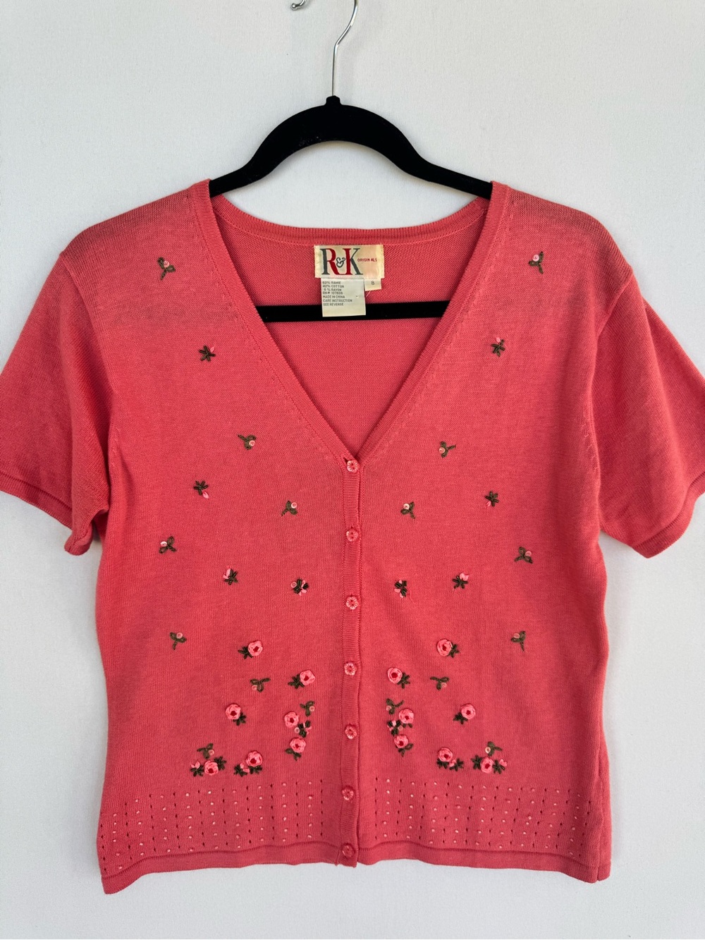 R&K Coral Pink V-Neck Knit Top with Button Trim